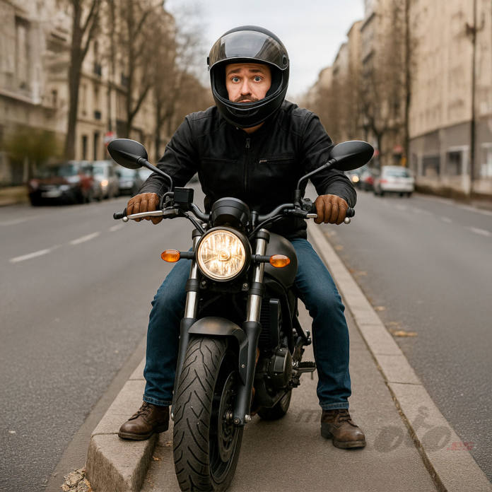 Motorista subido a la acera con su moto