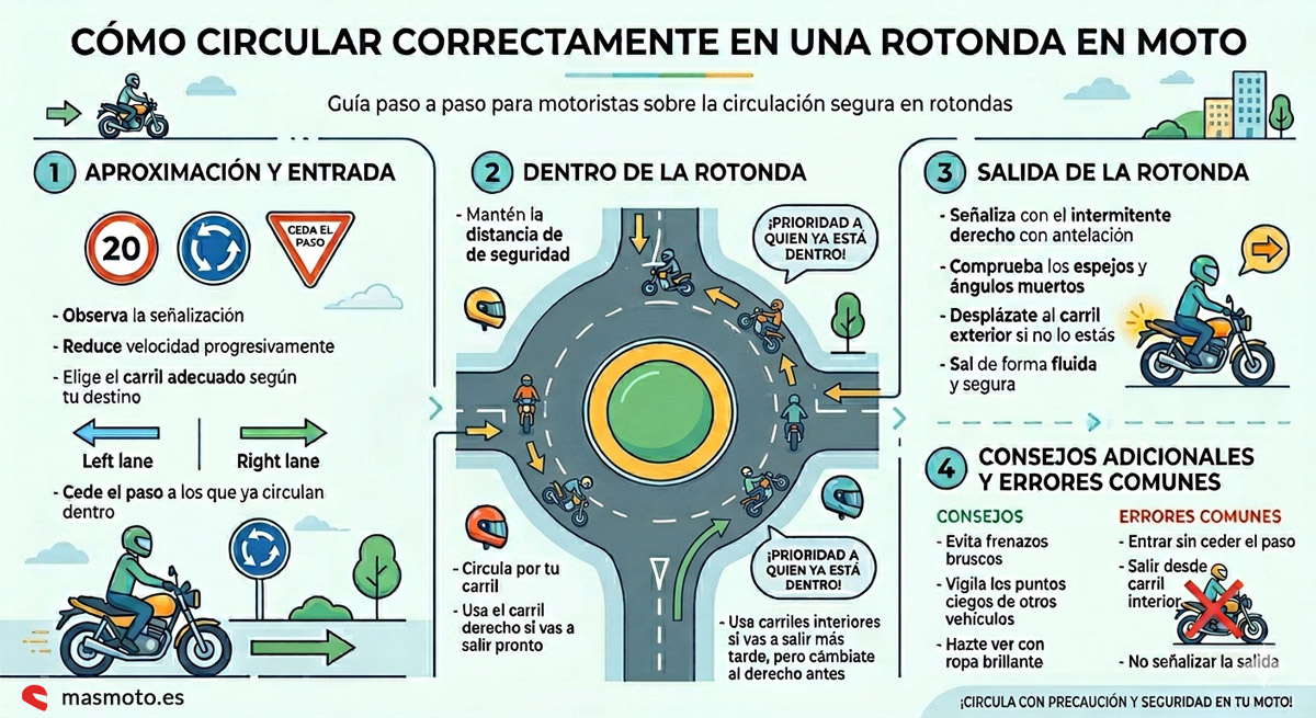 Infografía cómo circular en moto en una rotonda